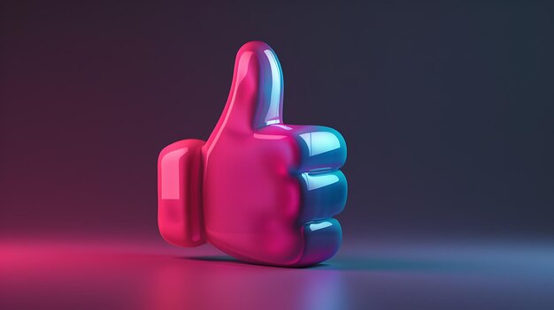 Foto una representación 3d de un emoji de pulgar hacia arriba el emoji es rosado y azul y tiene un acabado brillante