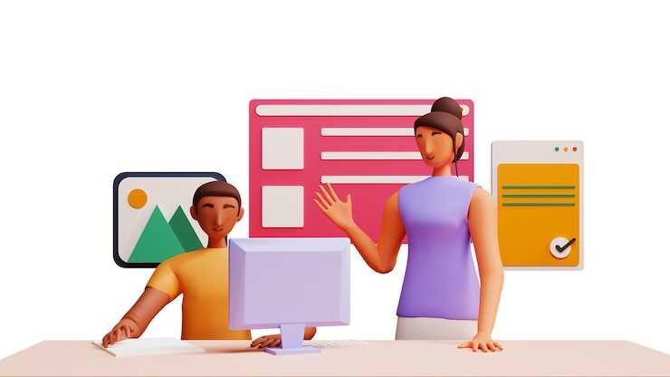 Foto representación 3d de empleada discutiendo al empresario que trabaja en el escritorio en el lugar de trabajo.