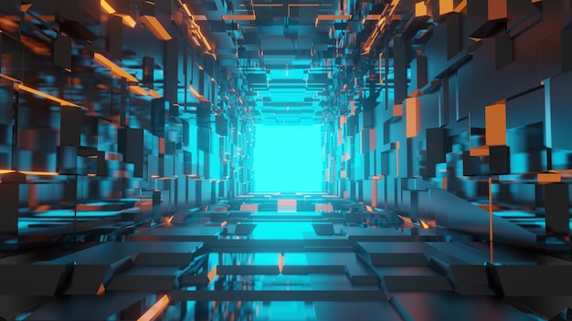 Representación 3d entorno de ciencia ficción futurista, túnel vacío iluminado abstrack