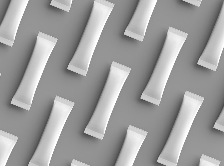 representación en 3D de un envase de bolsa brillante para su producto sobre un fondo gris