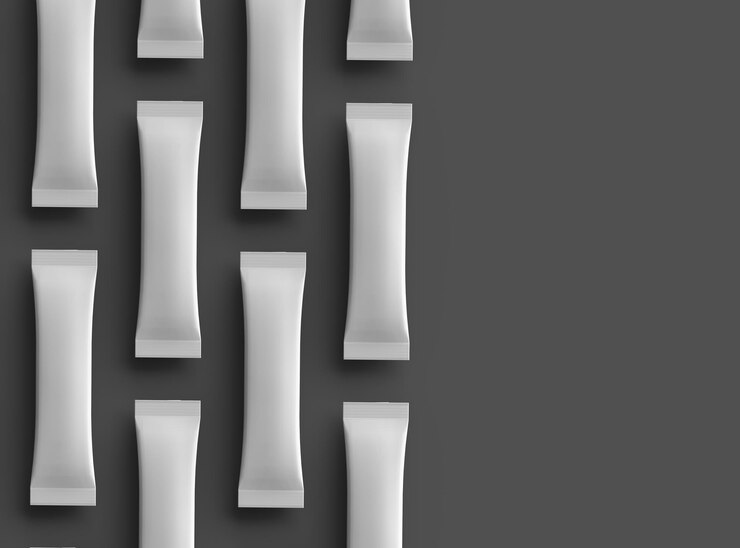 representación en 3D de un envase de bolsa brillante para su producto sobre un fondo oscuro