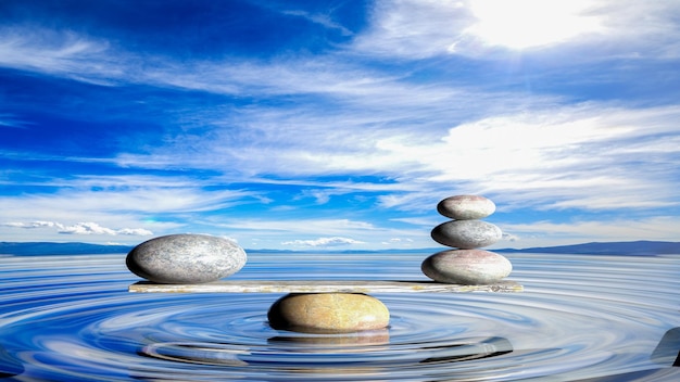 Representación 3D de equilibrar piedras Zen en agua con cielo azul y paisaje pacífico