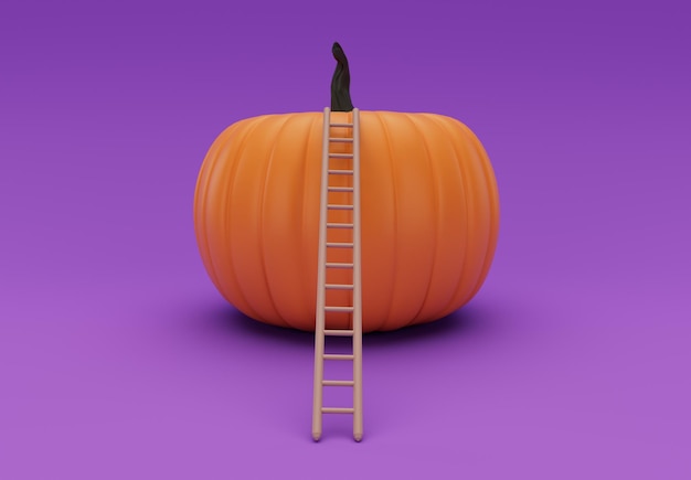 Representación 3d de escalar calabaza de Halloween con elemento de diseño de fondo mínimo de escalera de Halloween