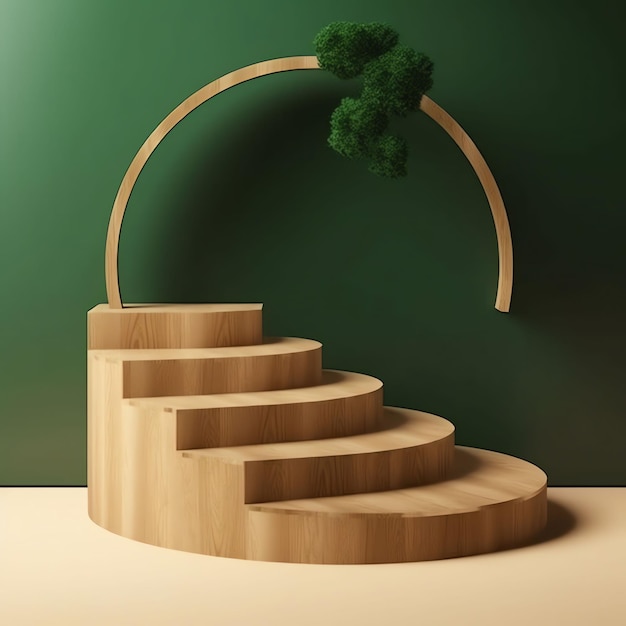 Una representación 3d de una escalera de madera con un árbol encima.