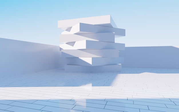 Representación 3d de la escena de la arquitectura al aire libre de la arquitectura geométrica abstracta blanca