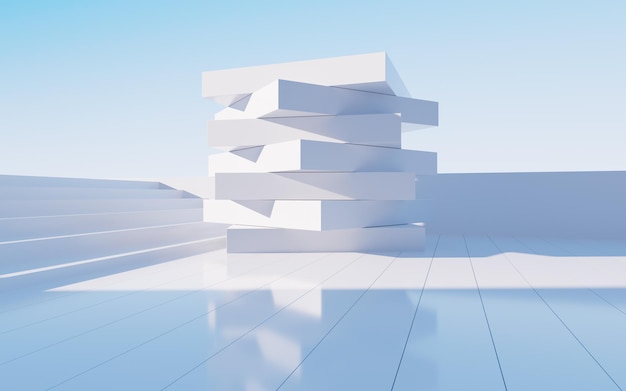 Representación 3d de la escena de la arquitectura al aire libre de la arquitectura geométrica abstracta blanca