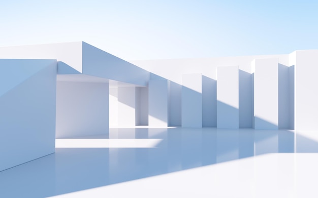 Representación 3d de escena de arquitectura al aire libre vacía de construcción geométrica abstracta blanca
