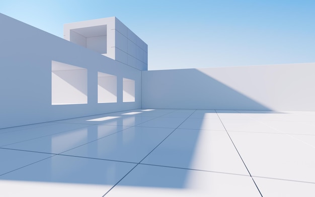 Representación 3d de escena de arquitectura al aire libre vacía de construcción geométrica abstracta blanca