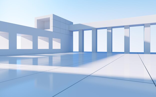 Representación 3d de escena de arquitectura al aire libre vacía de construcción geométrica abstracta blanca