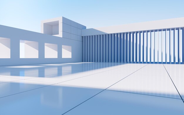 Representación 3d de escena de arquitectura al aire libre vacía de construcción geométrica abstracta blanca