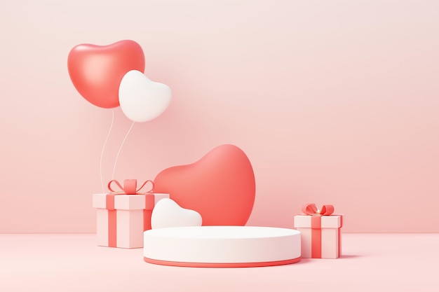 Representación 3D de escena dulce mínima con podio de visualización para maquetas y presentación de marca de producto. Soporte de pedestal rosa para el tema del Día de San Valentín. Lindo fondo de corazón encantador. Estilo de diseño del día del amor.