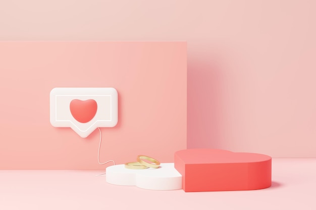 Representación 3D de escena dulce mínima con podio de visualización para maquetas y presentación de marca de producto. Soporte de pedestal rosa para el tema del Día de San Valentín. Lindo fondo de corazón encantador. Estilo de diseño del día del amor.