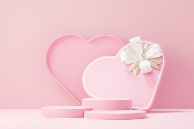Representación 3D de escena dulce mínima con podio de visualización para maquetas y presentación de marca de producto. Soporte de pedestal rosa para el tema del Día de San Valentín. Lindo fondo de corazón encantador. Estilo de diseño del día del amor.