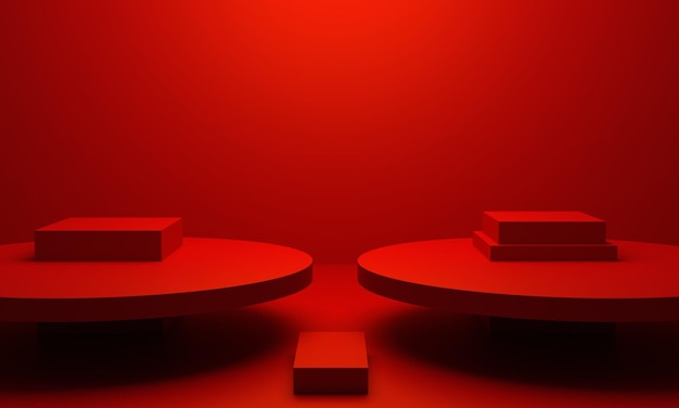 Representación 3d de la escena de fondo geométrico abstracto rojo para la sala de exposición de tecnología publicitaria