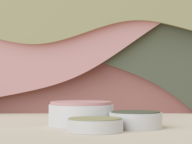 Representación 3D de la escena mínima en colores pastel del podio en blanco con tema de tonos tierra