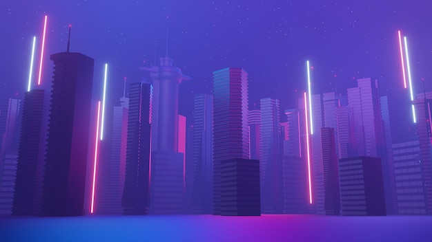 Representación 3d de la escena del paisaje de la megaciudad de la noche cibernética Luz brillante y reflejo en la escena tecnológica oscura Red de tecnología de vida nocturna para 5g Más allá de la ciudad futurista de SciFi Capital y la escena de la construcción