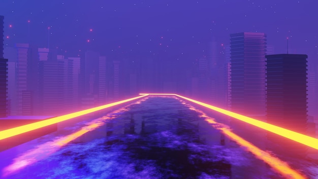 Representación 3d de la escena del paisaje de la megaciudad de la noche cibernética Luz brillante y reflejo en la escena tecnológica oscura Red de tecnología de vida nocturna para 5g Más allá de la ciudad futurista de SciFi Capital y la escena de la construcción