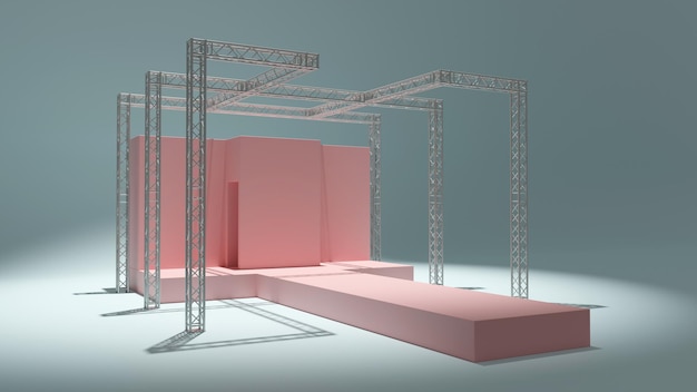 Representación 3D del escenario del podio de la pista de moda con la construcción del sistema de truss Negocio de presentación