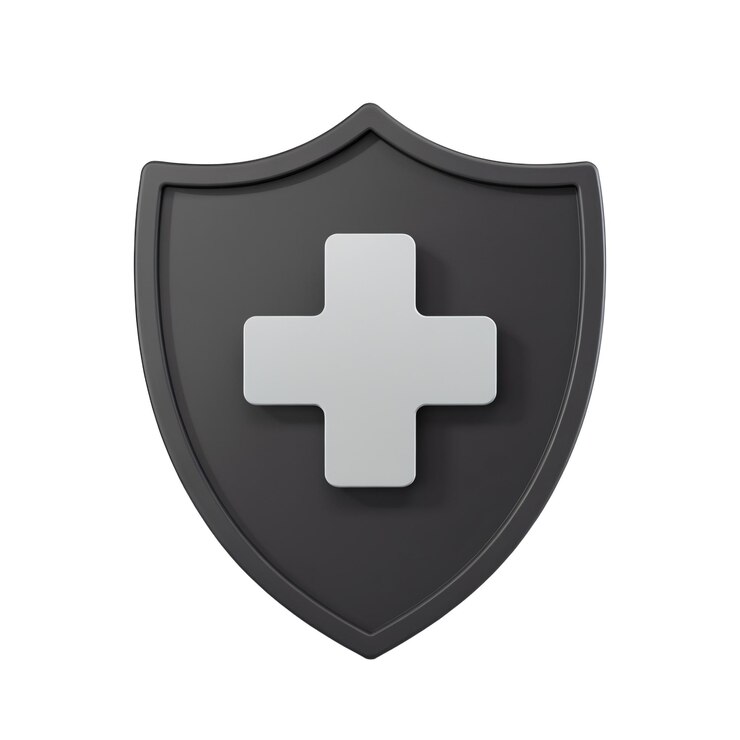 Una representación en 3D de un escudo negro con una cruz de primeros auxilios en él El escudo colocado sobre un fondo blanco