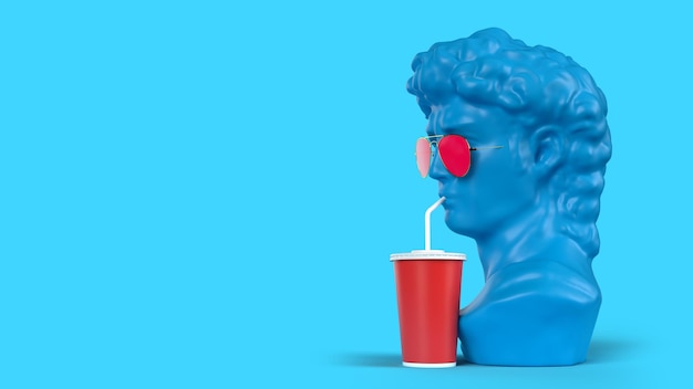 Foto representación 3d de una escultura azul en vasos bebe agua dulce en el fondo del perfil para el bar pop art sumer time