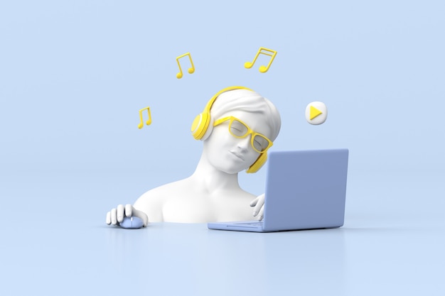 Representación 3D de la escultura de la mujer está utilizando una computadora portátil azul con auriculares amarillos, concepto de música.