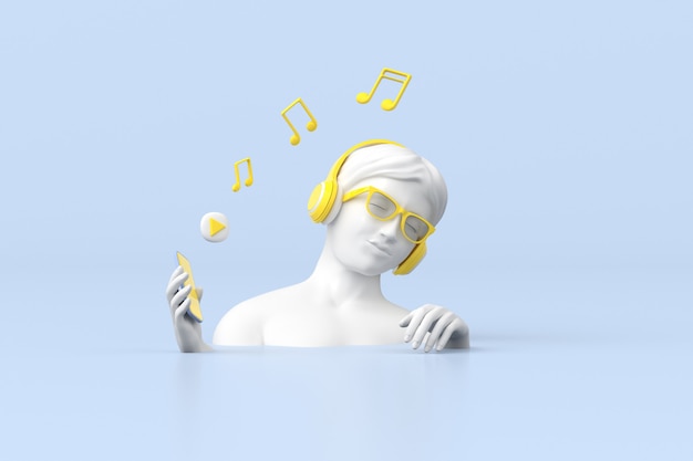 Representación 3D de la escultura de la mujer está utilizando un teléfono inteligente azul con auriculares amarillos, concepto de música.