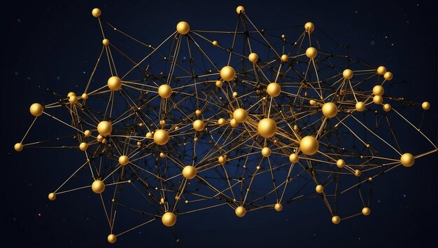 Una representación en 3D de esferas de oro brillantes interconectadas