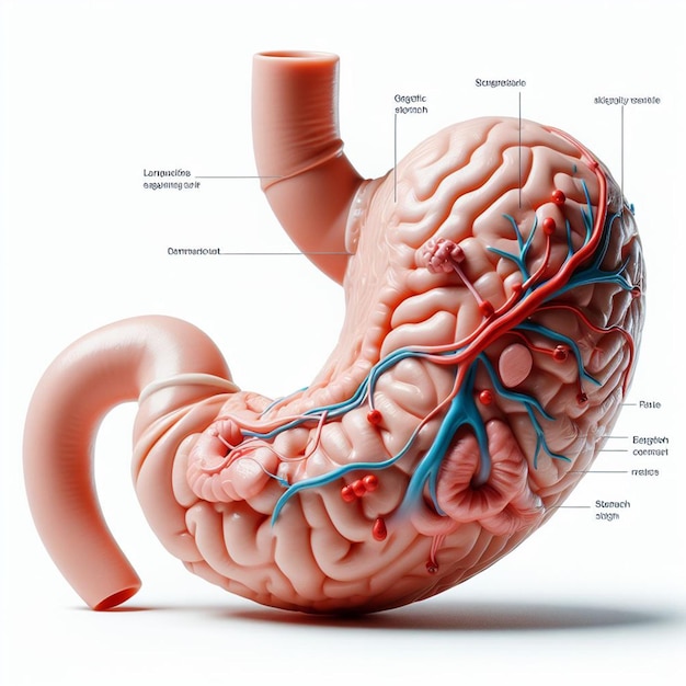 Representación en 3D de un esófago humano hecho de plástico sobre un fondo blanco