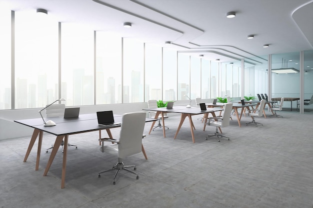 Foto representación 3d de espacio de oficina vacío o espacio de trabajo con computadora portátil