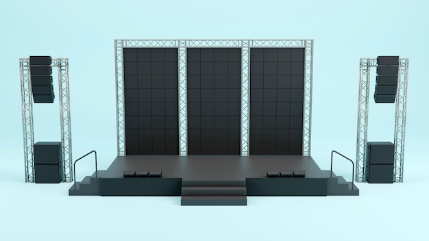 Foto representación 3d del espectáculo en el escenario y construcción de armazones con un sistema de sonido para negocios de conciertos