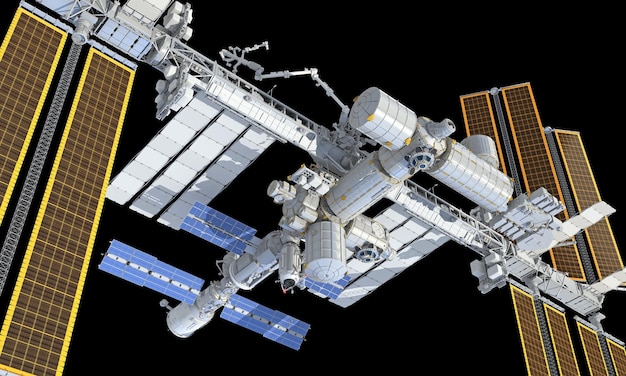 Representación 3D de la Estación Espacial Internacional en fondo negro