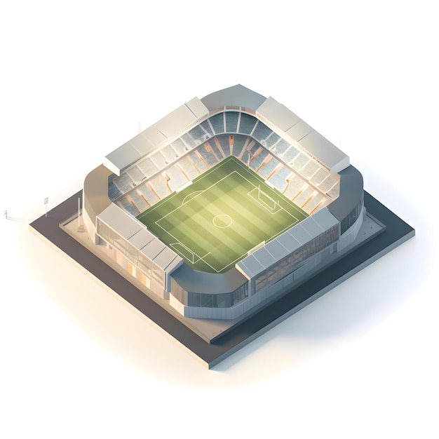 Representación 3D de un estadio de fútbol sobre un fondo blanco con sombra