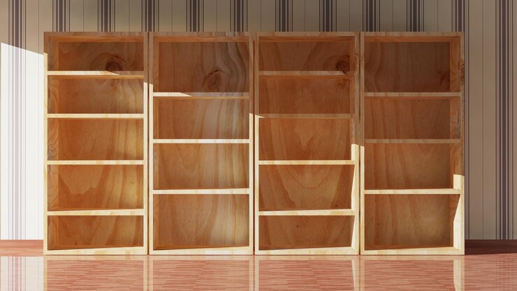 Foto representación 3d de estantería de madera vacía