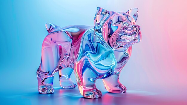 Una representación 3D de una estatuilla de bulldog de vidrio multicolor La estatuilla está de pie en una superficie reflectante y está iluminada por una luz rosa y azul