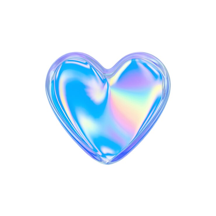 Una representación 3D de un estilo minimalista de forma de corazón azul holográfico iridescente aislado en un blanco