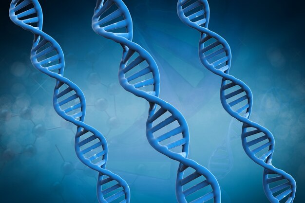 Representación 3D de estructuras de ADN azul sobre fondo azul.