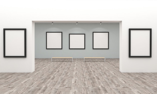 Foto representación 3d de una exposición en una galería de arte.