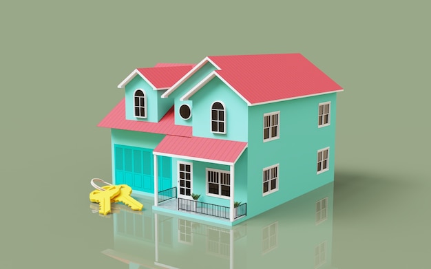 Representación 3D exterior de la ilustración del modelo de la casa con venta de promoción de llaves