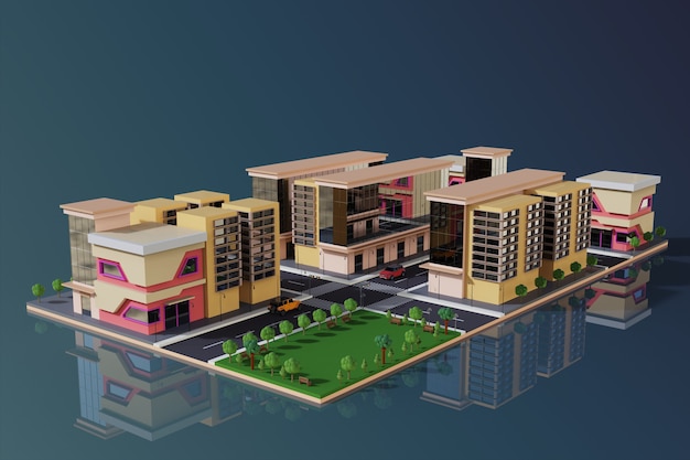 Representación 3D exterior de la linda ilustración de modelo de ciudad con edificio y jardín