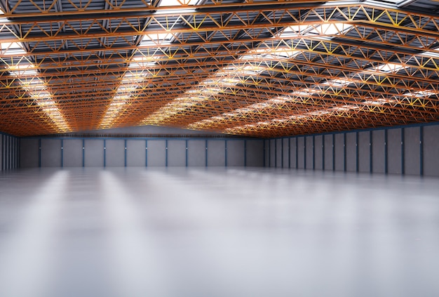 Representación 3D de fábrica vacía interior con lámparas colgantes