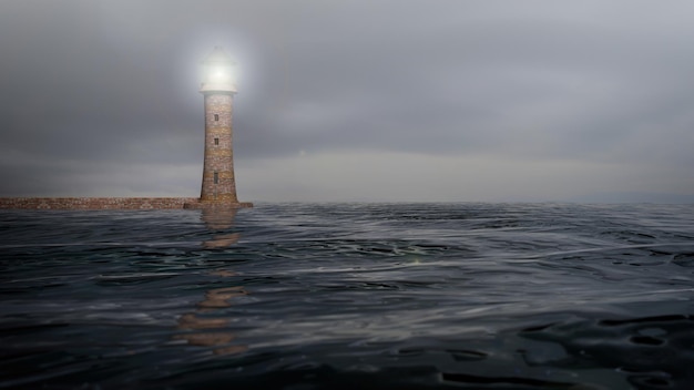 Representación 3D de un faro y aguas marinas con paisaje marino de cielo nublado