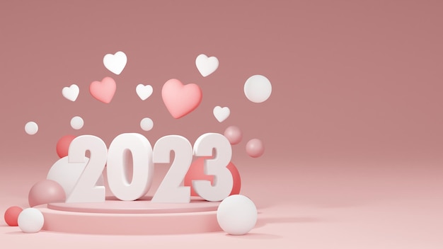 Representación 3D Feliz año nuevo 2023 2023 con globo de corazón Concepto de San Valentín