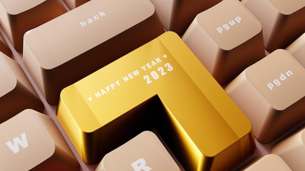 Representación 3D Feliz año nuevo en el teclado de entrada dorado