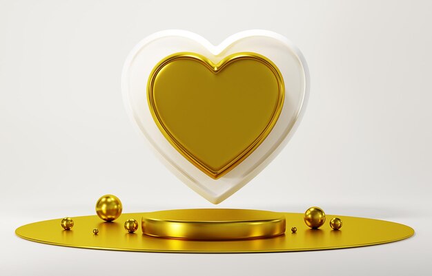 Representación 3D Feliz Día de San Valentín Podio Mostrar corazón dorado sobre fondo blanco