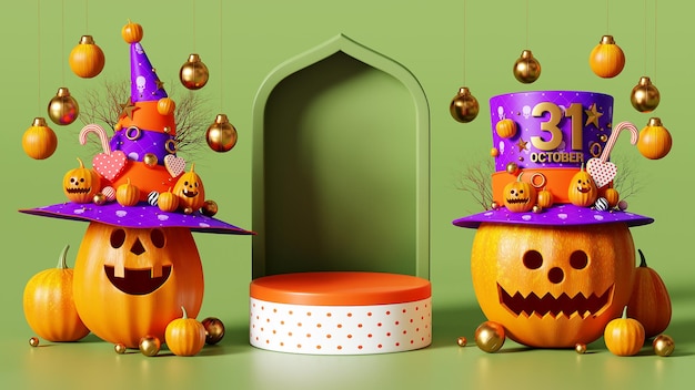 Representación 3d feliz halloween, fondo de podio, colgante y bola de decoración sobre fondo verde