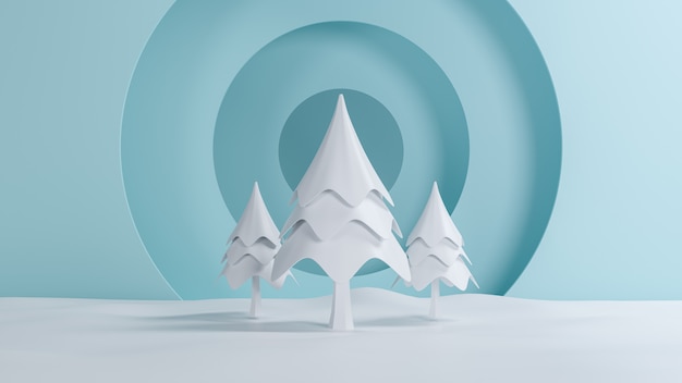 Representación 3d, feliz navidad y feliz año nuevo concepto, pino de baja poli con diseño de escena de nieve, ilustración 3d