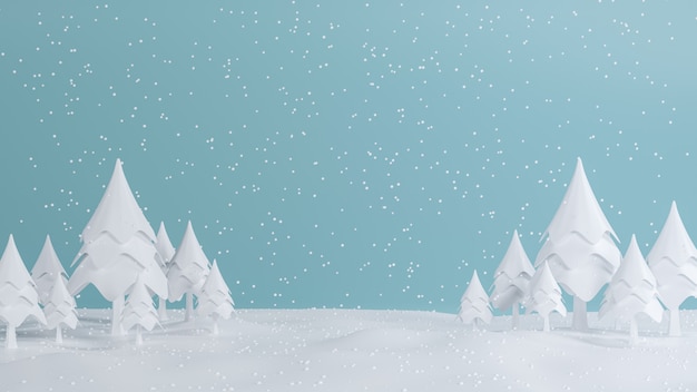 Representación 3D, feliz Navidad y feliz año nuevo concepto, pino de baja poli con diseño de escena de nieve, ilustración 3D