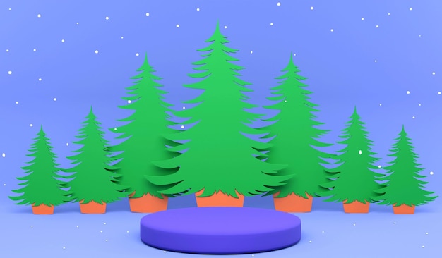 Representación 3D Feliz Navidad y feliz año nuevo fondo Ilustración 3d diseño plano Árbol de Navidad y fondo de nieve