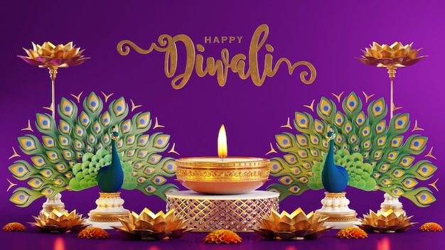 Representación 3D para el festival de diwali Diwali Deepavali o Dipavali el festival de las luces india con diya de oro en el podio estampado y cristales en color Fondo