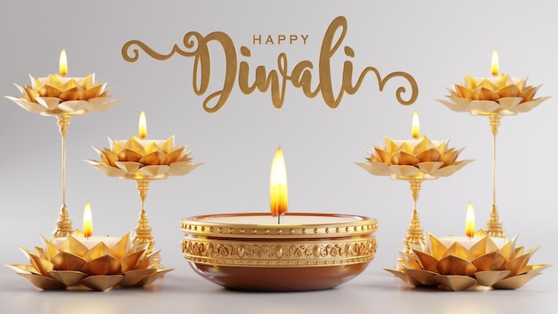 Representación 3D para el festival de diwali Diwali Deepavali o Dipavali el festival de las luces india con diya de oro en el podio estampado y cristales en color Fondo